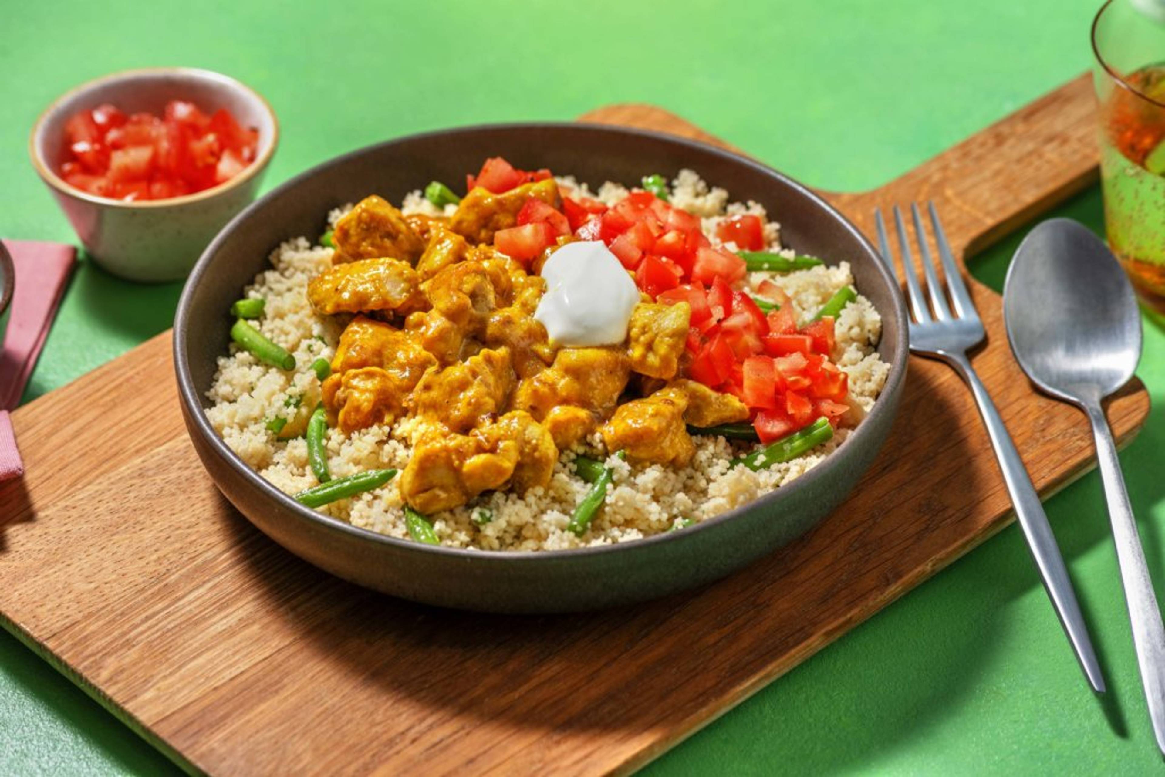  Korma and Mango Chutney Glazed Chicken with Green Beans, Couscous and Tomato Salsa