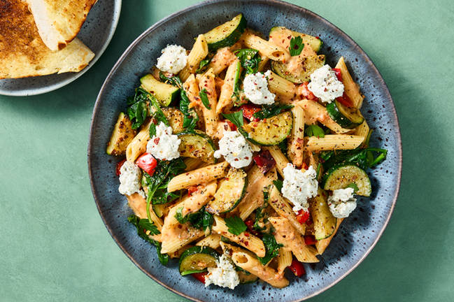 Creamy Roasted Pepper Pesto Penne and Veggies