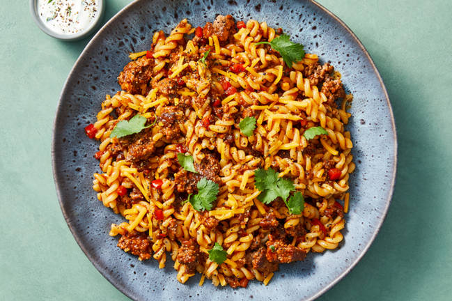 SuperQuick Cheesy Beef Enchilada-Style Pasta