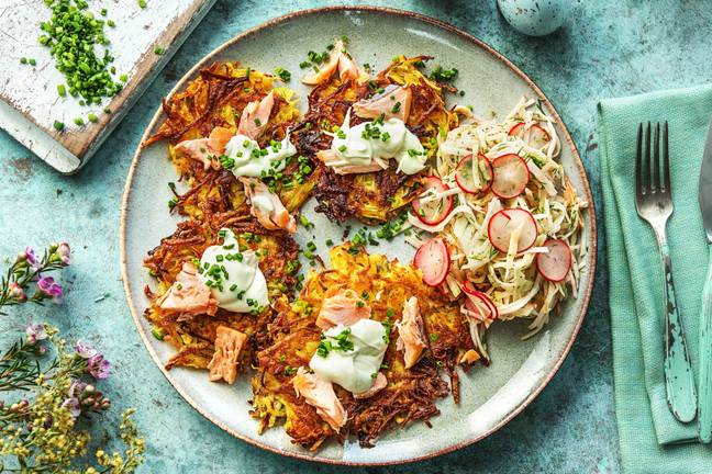 Aardappelkoekjes met warmgerookte zalm