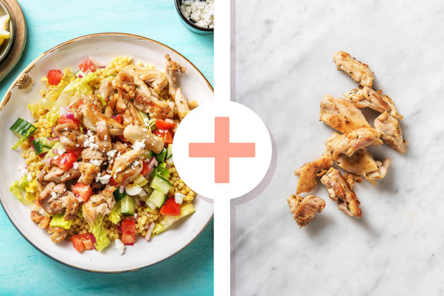 Griekse salade met kippendij en parelcouscous