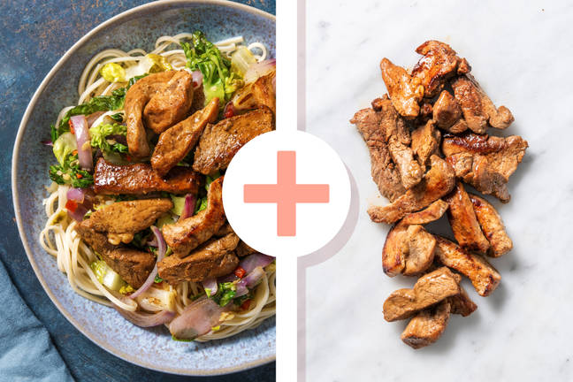 Nouilles sautées et double portion d'émincé de porc dans une marinade sucrée