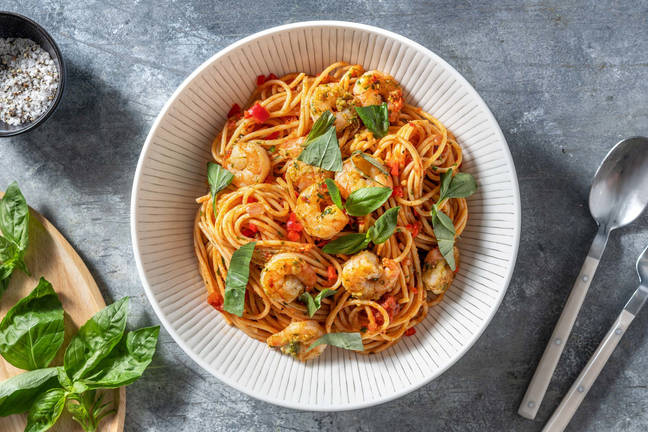Spaghetti nach Art Bruschetta mit Riesengarnelen