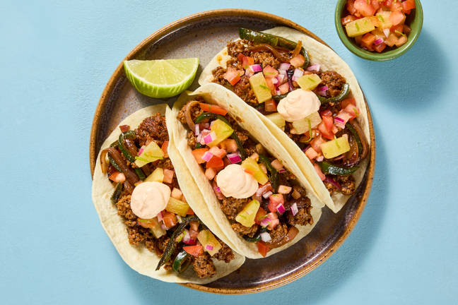 One-Pan Saucy Beef & Charred Pepper Tacos