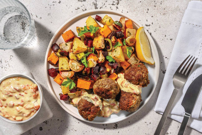 Beef Meatballs & Loaded Roast Veggie Toss