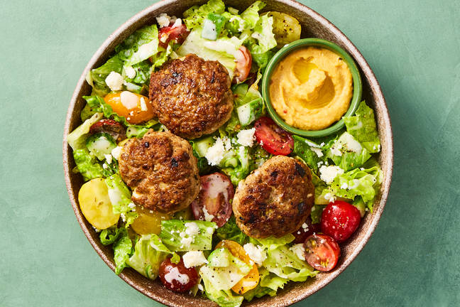 Greek Salad with Spiced Pork Patties