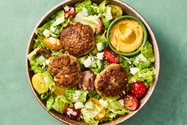 Greek Salad With Spiced Pork Patties