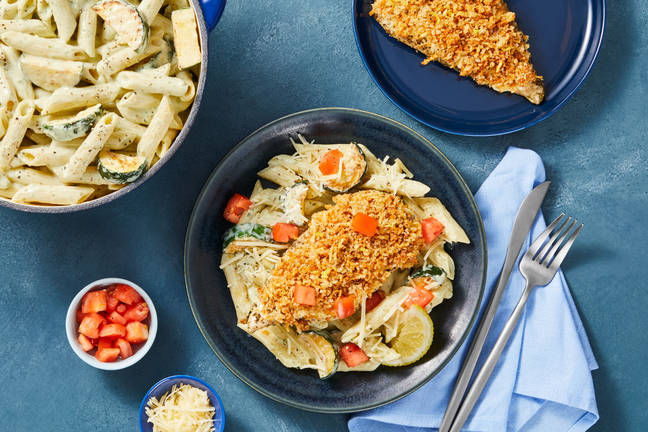 Lemon Panko Chicken & Creamy Pesto Pasta