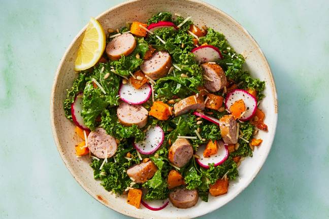 Sheet Pan Sausage with Warm Kale Salad