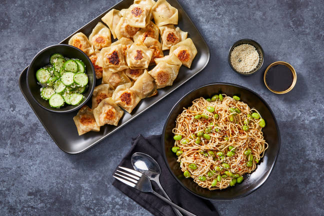 Japanese-Style Pork & Shrimp Dumplings with Lo Mein Noodles