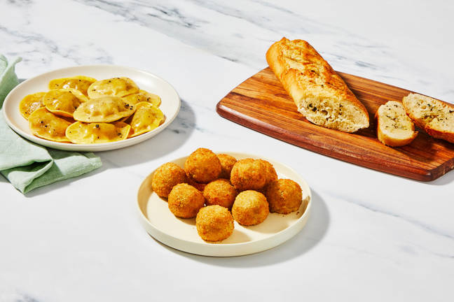 Super-Quick Truffle Arancini with Garlic Bread, Spinach and Ricotta Cheese Ravioli and Truffle Butter