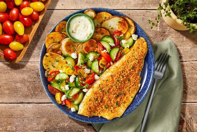 Panko-Crusted Pickerel with Heirloom Tomato-Basil Salad
