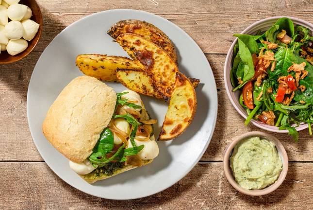 Pesto-and-Tomato Bocconcini Melts with Caramelized Onions