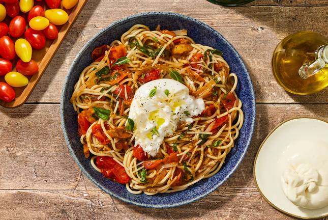Blistered Heirloom Tomato-and-Burrata Pasta