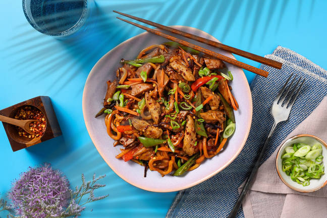 One-Pan Udon Noodles mit veganen Filetstücken