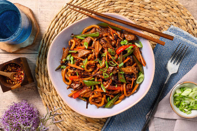 One Pan: Udon Noodles mit veganen Filetstücken