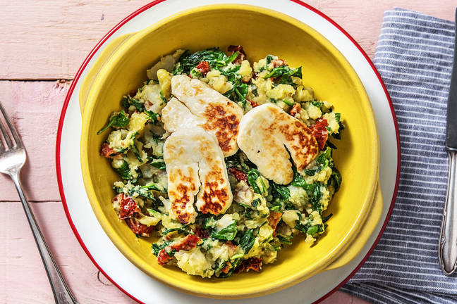 Halloumi met aardpeer-spinaziestamppot