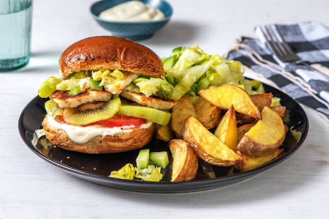 Kiwi-Grillkäse-Burger mit Joghurt-Aioli