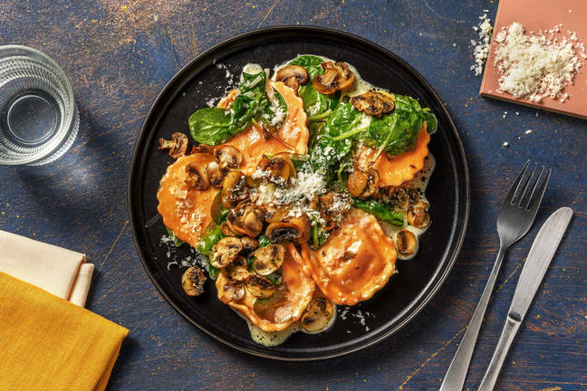 Squash Ravioli and Creamy Mushroom Sauce