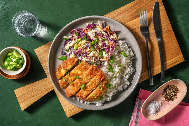Plantaardige schnitzel met knoflook-gemberrijst