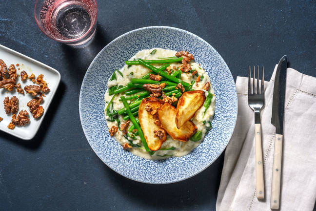 Ziegenkäse-Risotto mit Honig-gebackener Birne