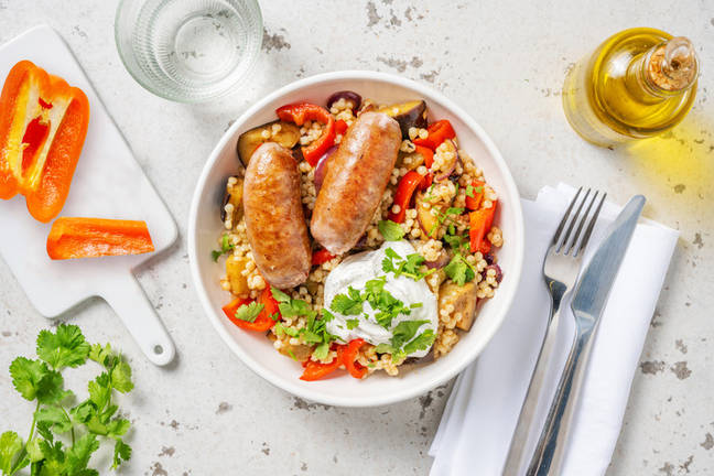 Chicken Sausages with Sumac Labneh & Giant Couscous