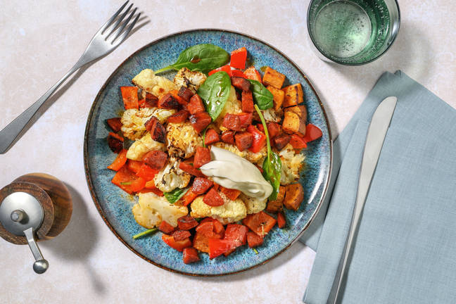 One-Tray Cheesy Chorizo & Cauliflower Medley