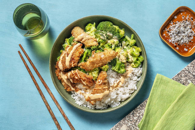 Kipbowl met panko en zoete sojamayonaise