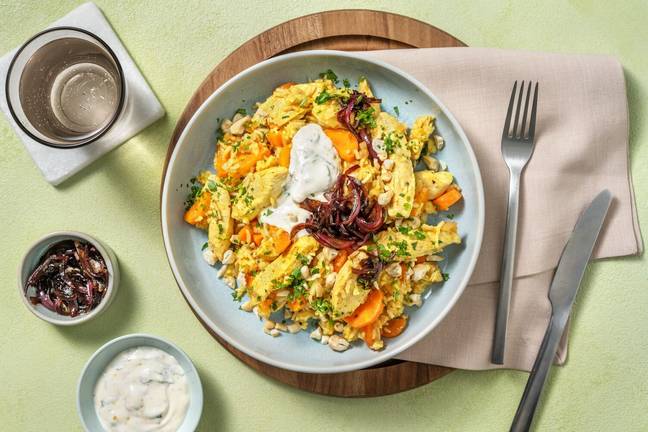 Hähnchen-Reispfanne mit Aprikosen-Minz-Joghurt