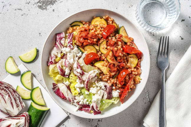 Harissa Giant Couscous with Chorizo & Greek-Style Cheese