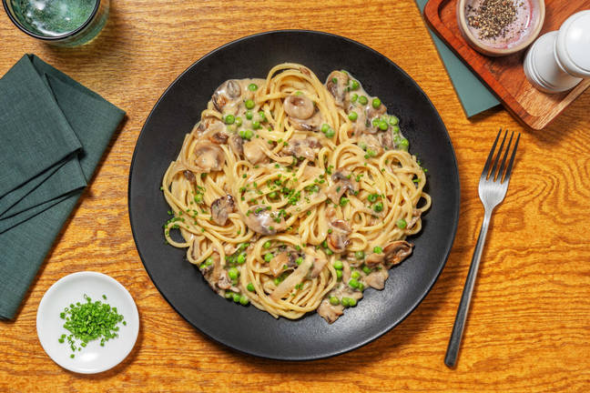 Pea, Mushroom and Onion Marmalade Linguine