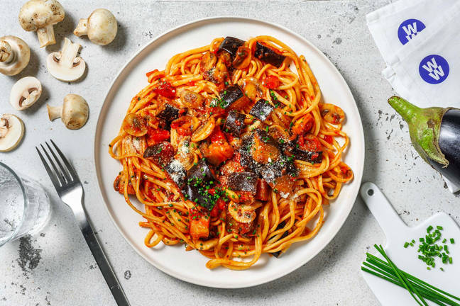 Roasted Aubergine and Mushroom Linguine