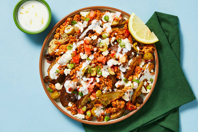Loaded Greek Potato Wedges with Spiced Beef