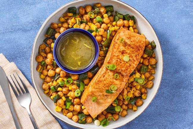 Nutritionist's Pick: Broiled Salmon with Chickpea-Corn Succotash