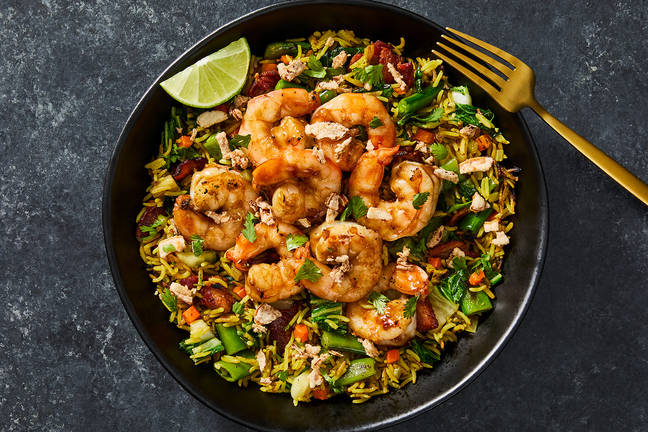 Jumbo Shrimp and Golden Singapore Skillet  Rice