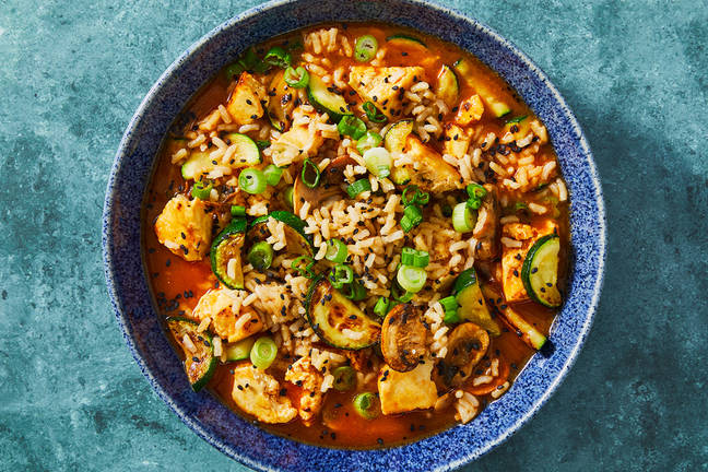 Spicy Miso-Gochujang Tofu and Veggie Soup