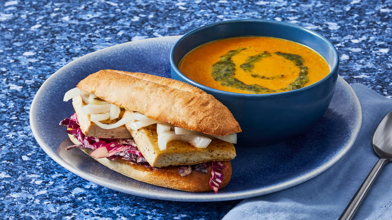 Carrot-Ginger Soup & Spicy Tofu Sandwiches