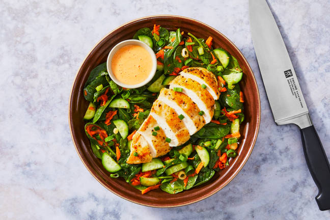 Spicy Bang Bang Chicken Spinach Salad