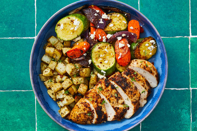 Roasted Chicken, Potatoes & Veggie-Feta Jumble