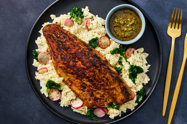 Chimichurri Sea Bass with Cauliflower-Potato Mash