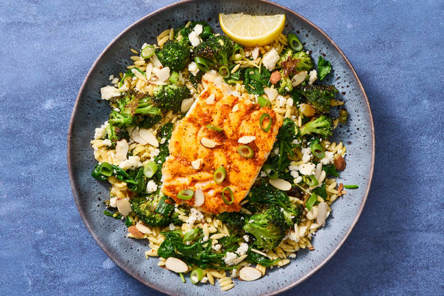 Romesco Cod with Broccoli, Spinach & Feta Orzo