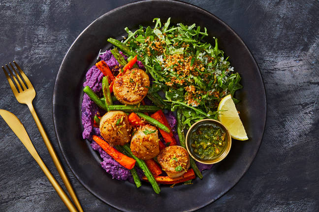 Walnut Pesto Scallops & Purple Sweet Potato Puree