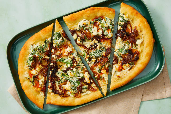 Hot Honey Caramelized Onion & Kale Pizzas