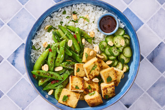 Crispy Tofu & Sweet Soy Snap Pea Bowls