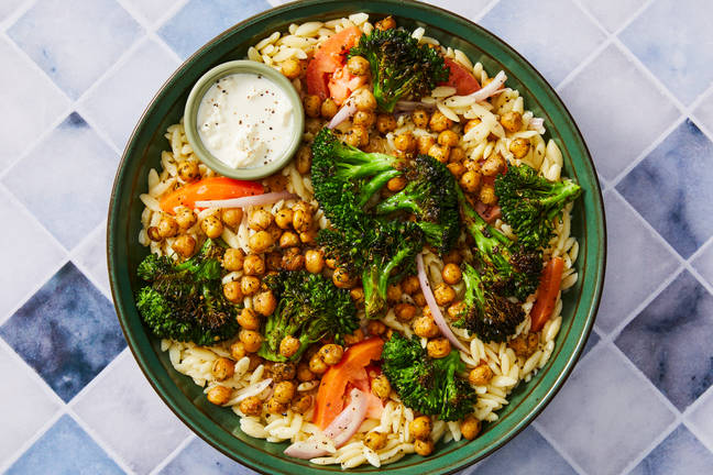 Mediterranean Orzo Salad with Crispy Chickpeas