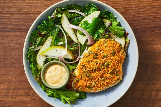 Pepita-Crusted Chicken & Pear Blue Cheese Salad
