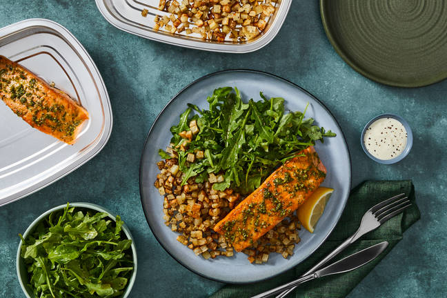 Prep & Bake Pesto-Crusted Salmon with Potatoes
