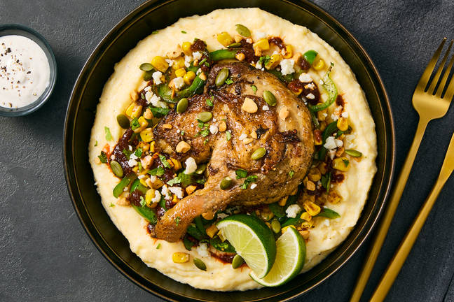 Spicy Peanut Duck Confit with Creamy Polenta