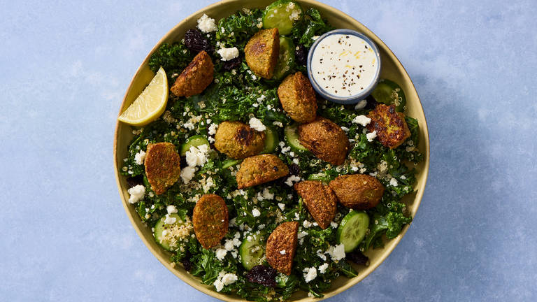 Falafel with Kale, Quinoa & Feta Salad