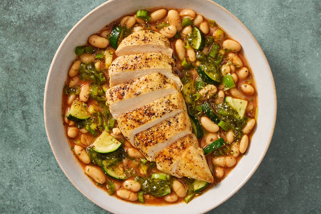 Chicken with Ratatouille Bean Stew & Basil Oil